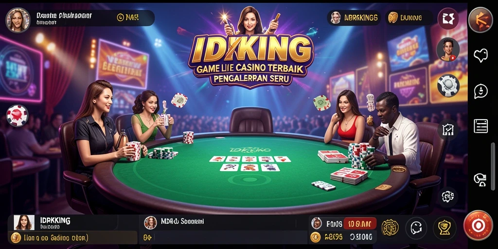 Screenshot gameplay IDRKING yang menunjukkan dealer dan suasana kasino langsung.