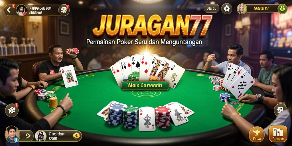 Tampilan gameplay seru di JURAGAN77 dengan suasana poker yang realistis.