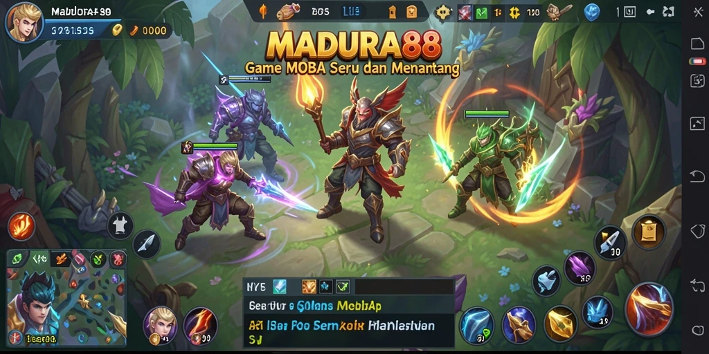 Screenshot utama MADURA88 menampilkan aksi seru di arena MOBA.