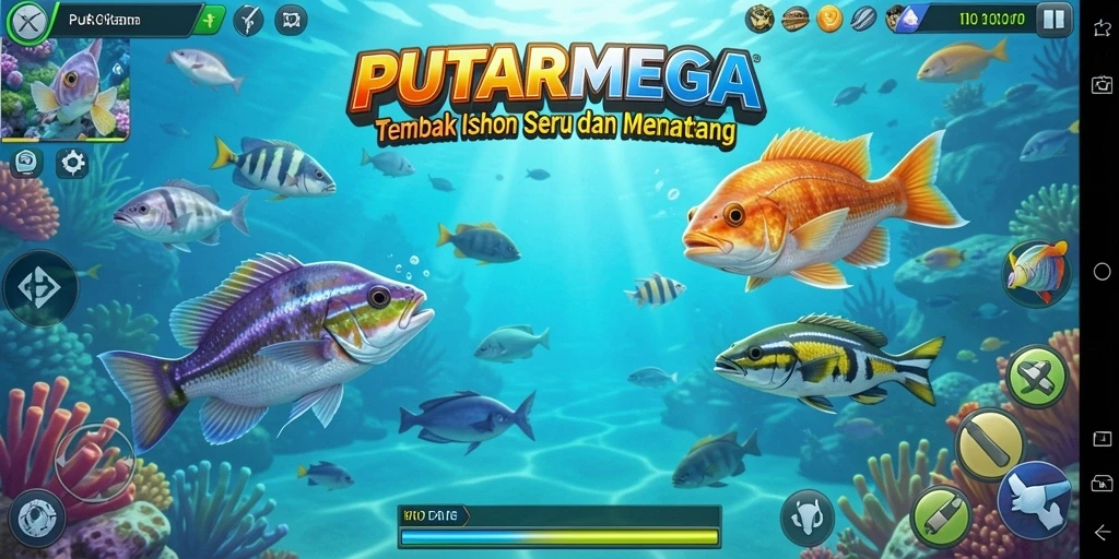 Screenshot gameplay PUTARMEGA menampilkan aksi seru menembak ikan.