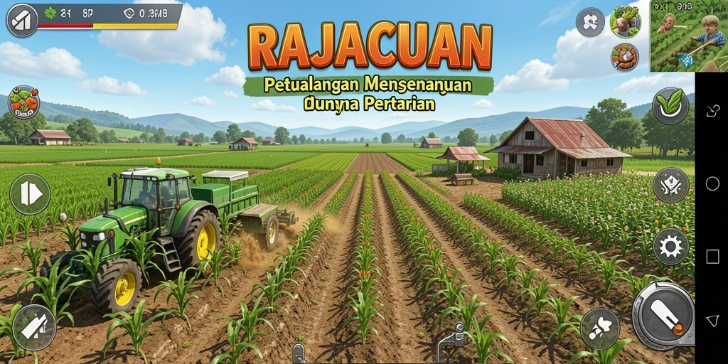 Screenshot utama menunjukkan gameplay pertanian yang menarik di RAJACUAN.